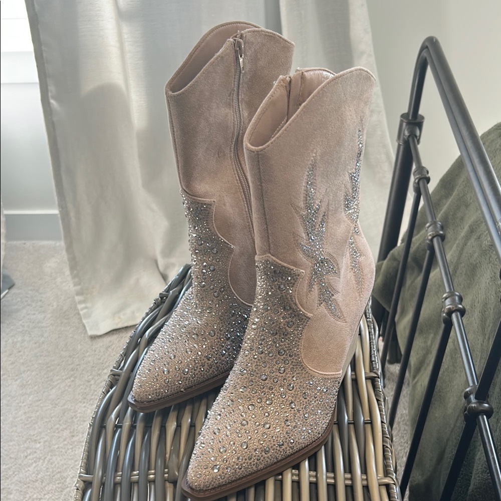 Tan Heeled Boots with Suede Texture and Intricate Detailing